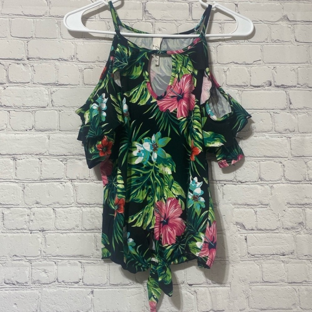 Green and Pink Ruffled Tie Front Blouse